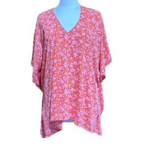 BuddyLove Women's S Orange Floral Tunic Top V-Neck 3/4 Sleeve Blouse - NWT